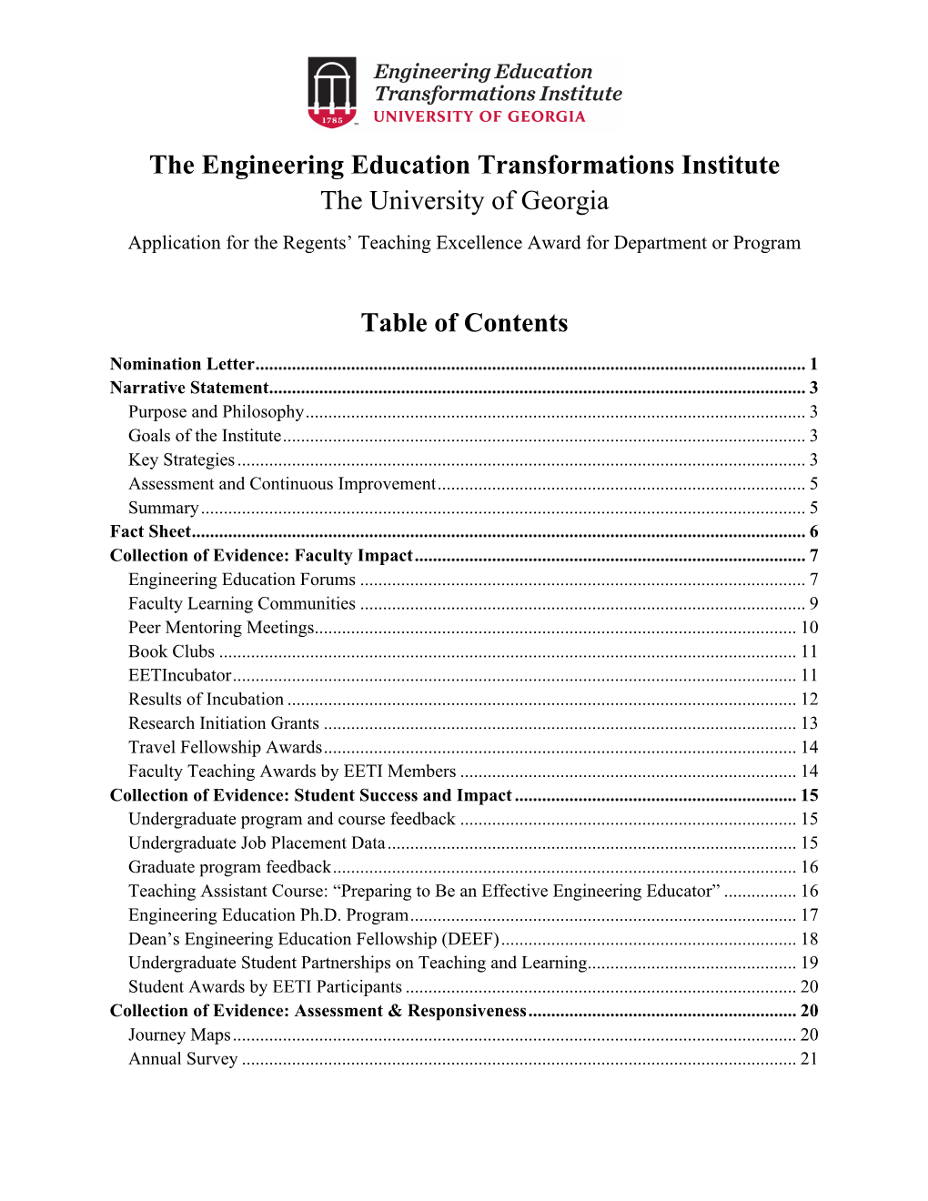 The Engineering Education Transformations Institute the University of Georgia Table of Contents