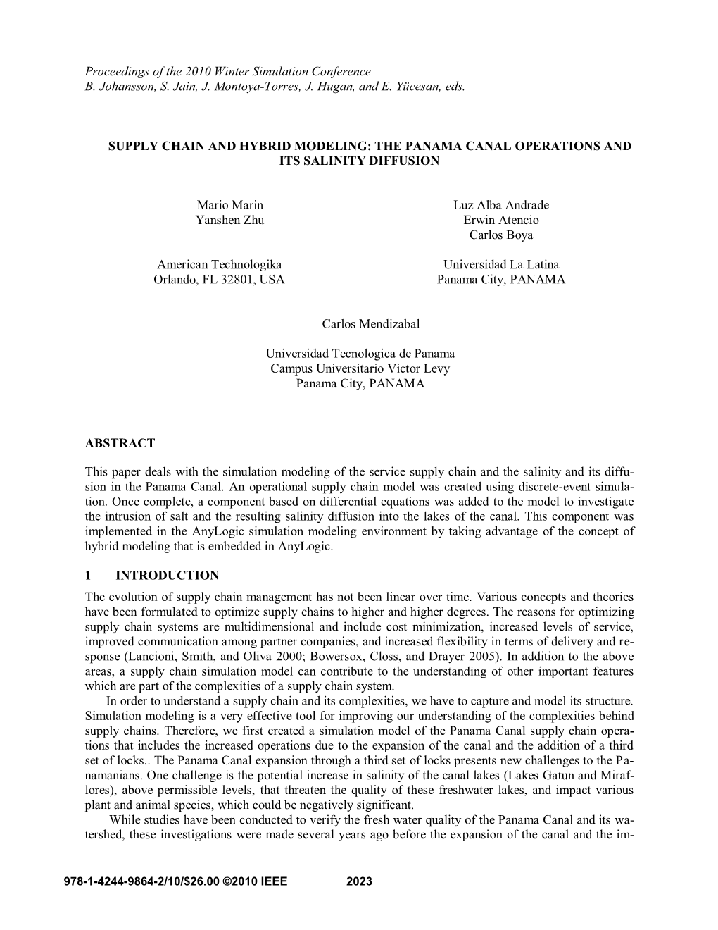 Supply Chain and Hybrid Modeling: the Panama Canal Operations and Its Salinity Diffusion