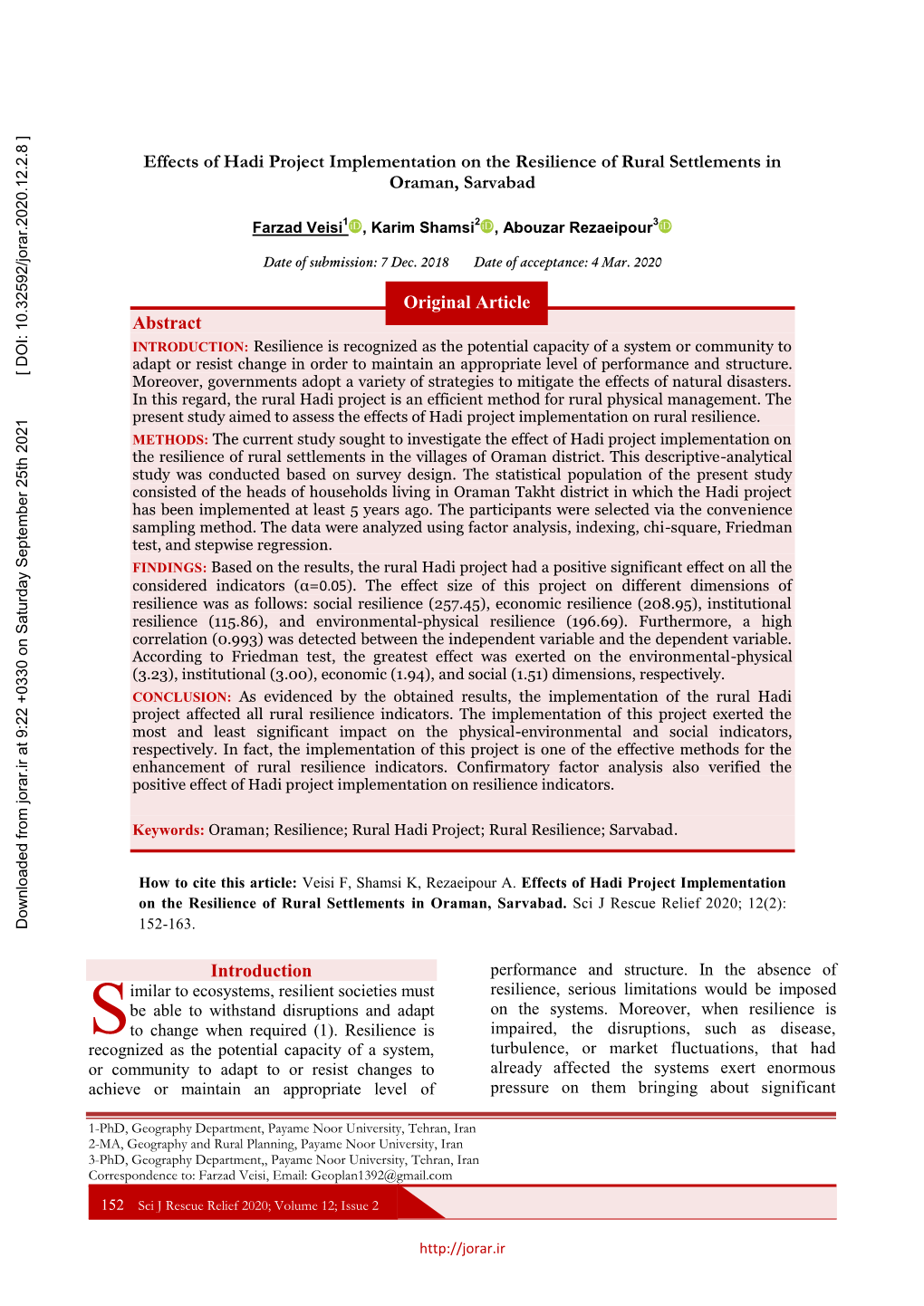 Effects of Hadi Project Implementation on the Resilience of Rural Settlements in Oraman, Sarvabad