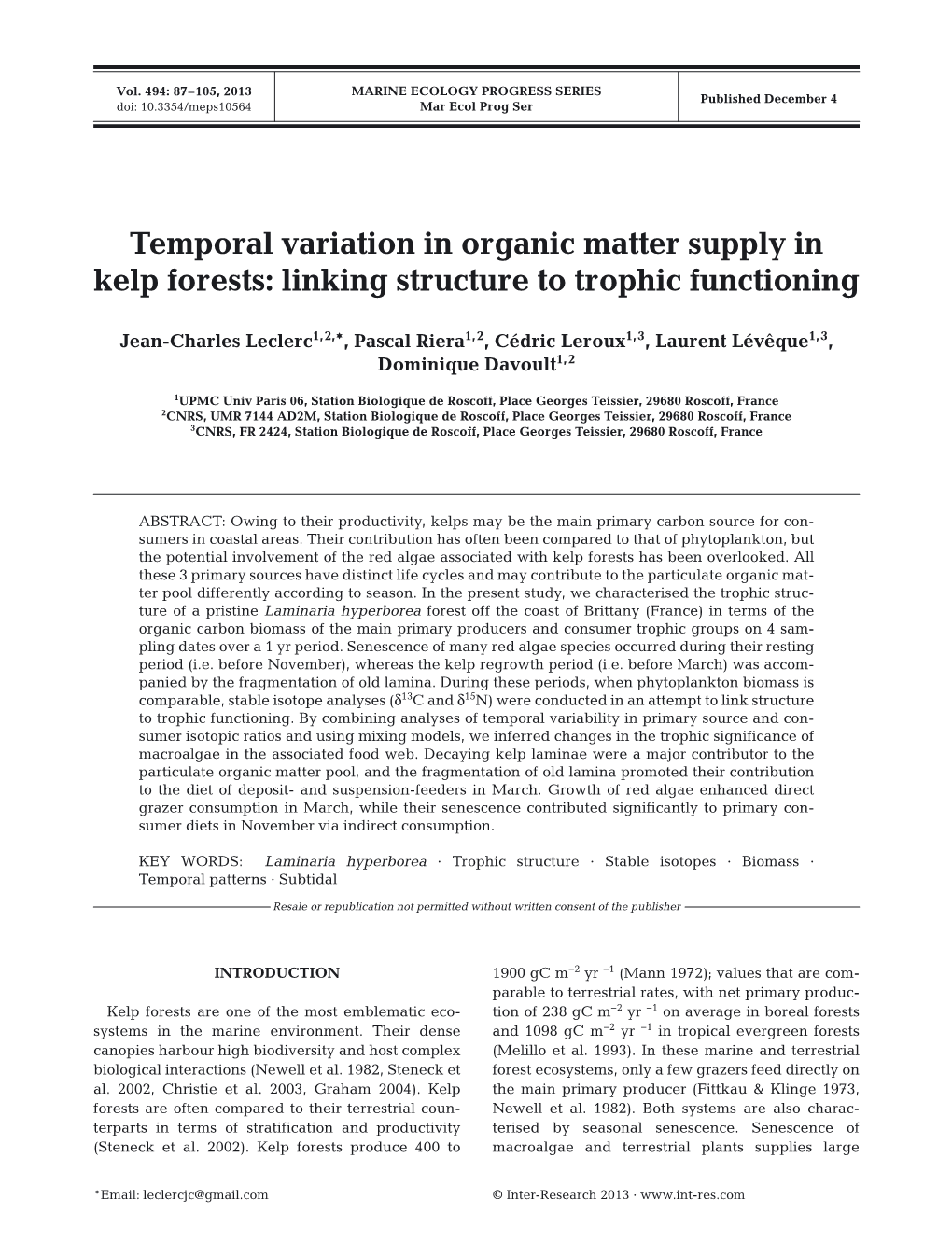 Temporal Variation in Organic Matter Supply in Kelp Forests: Linking Structure to Trophic Functioning