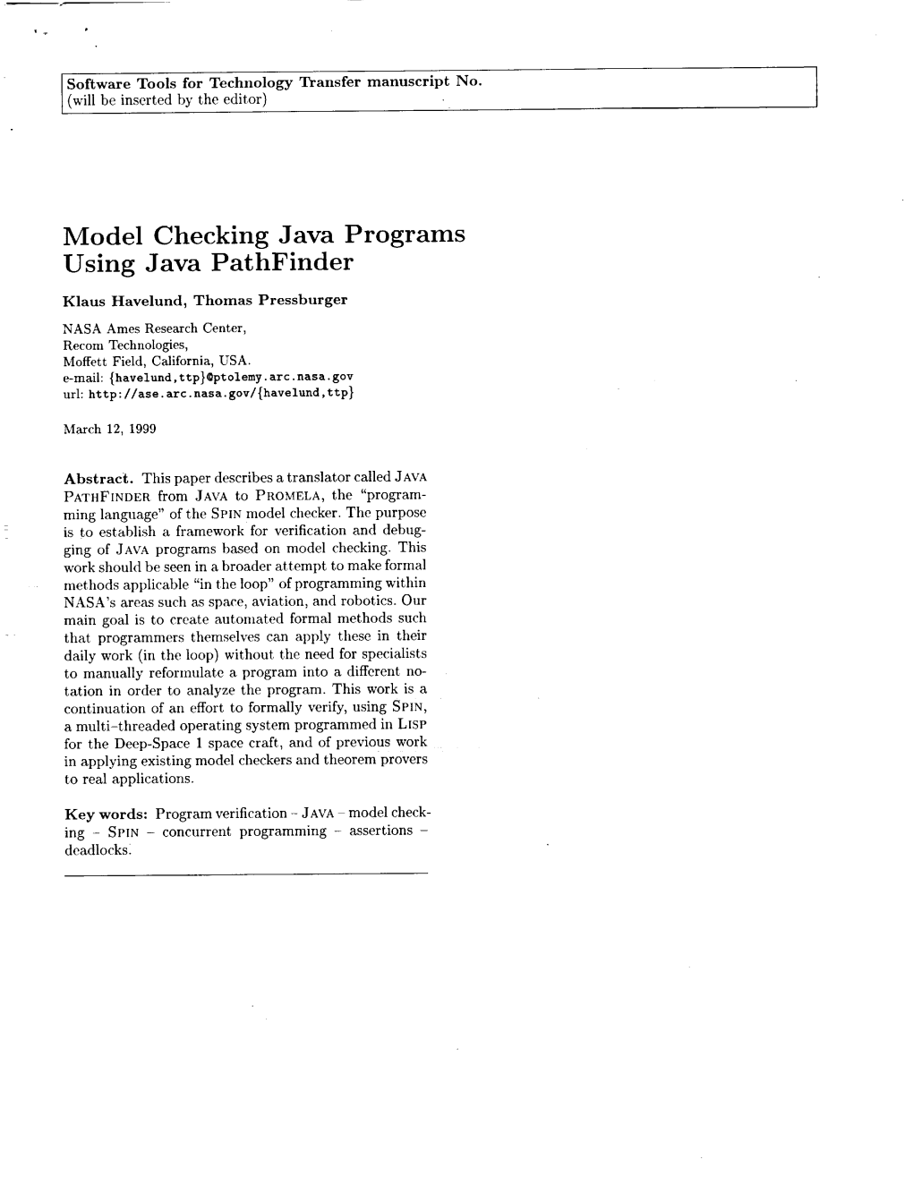 Model Checking Java Programs Using Java Pathfinder