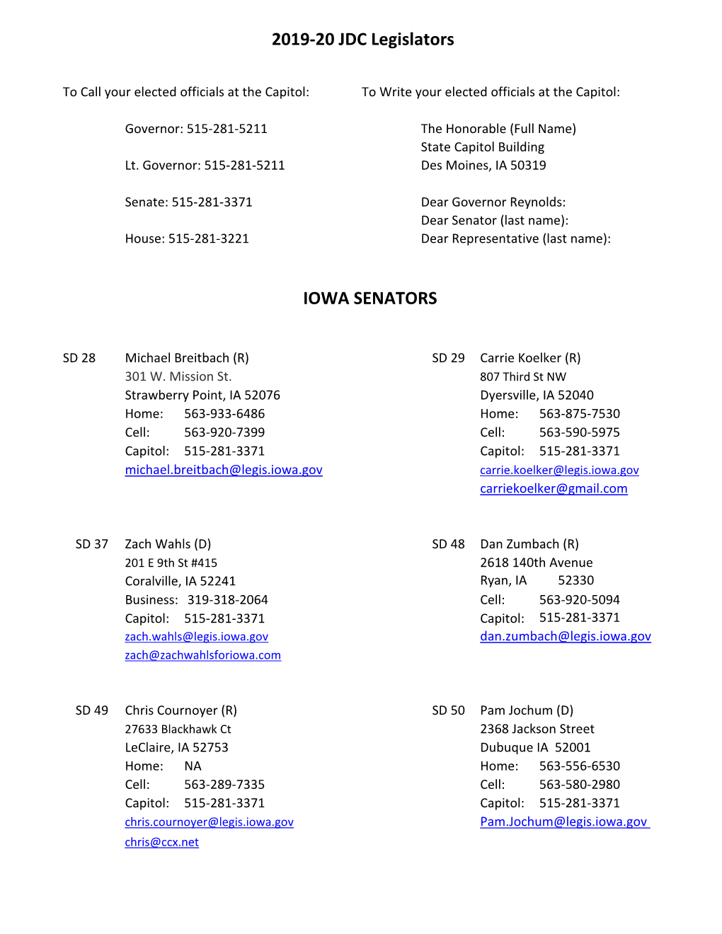 2019-20 JDC Legislators IOWA SENATORS