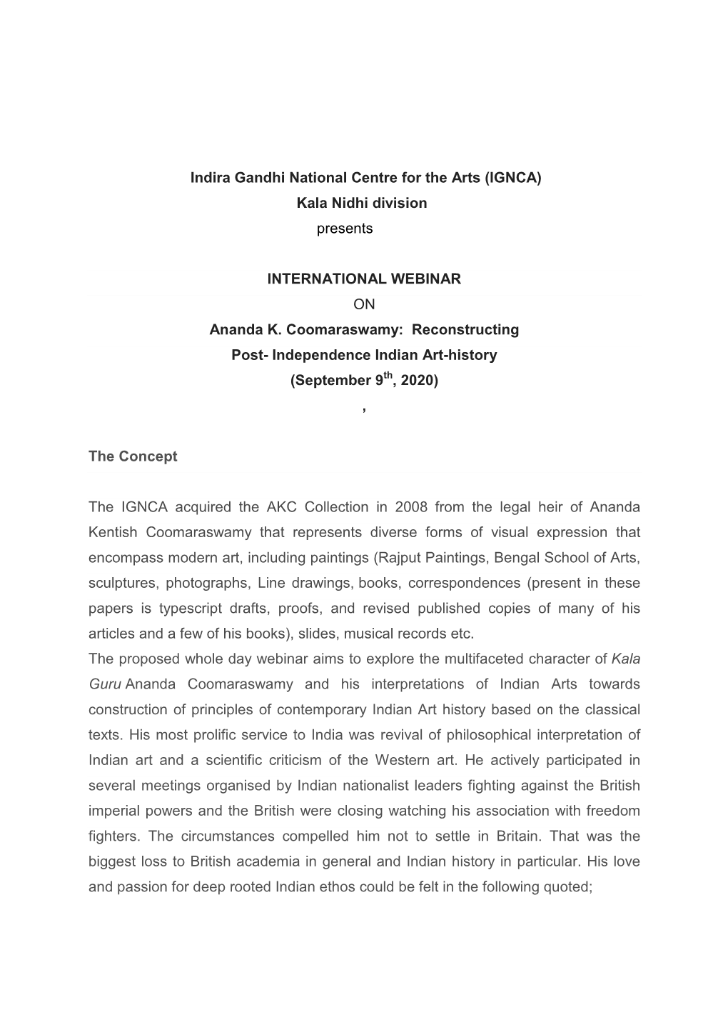 Indira Gandhi National Centre for the Arts (IGNCA) Kala Nidhi Division Presents INTERNATIONAL WEBINAR on Ananda K. Coomaraswamy