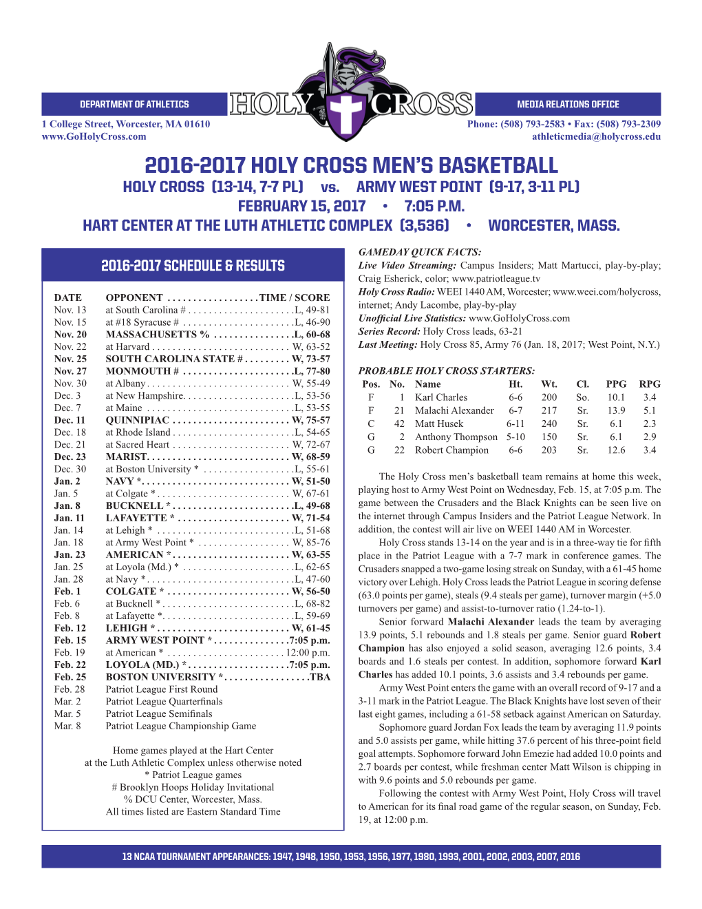 2016-2017 Holy Cross Men's Basketball