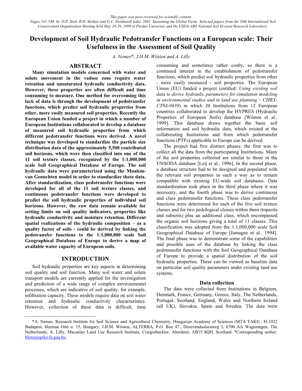 Development of Soil Hydraulic Pedotransfer Functions on a European Scale: Their Usefulness in the Assessment of Soil Quality A