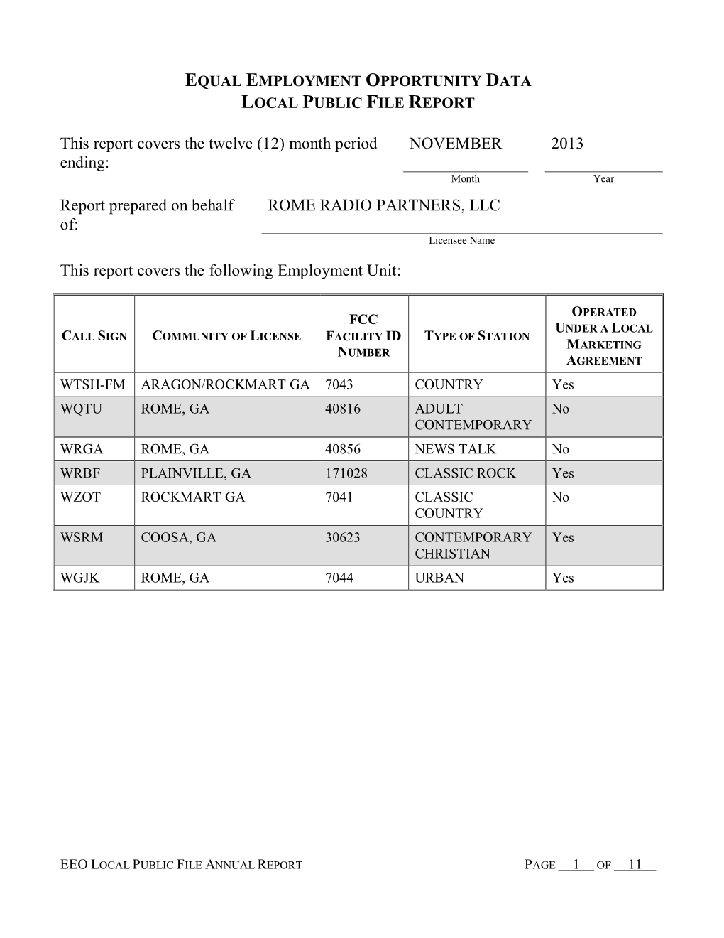 NOVEMBER 2013 Report Prepared on Behalf Of: ROME RADIO