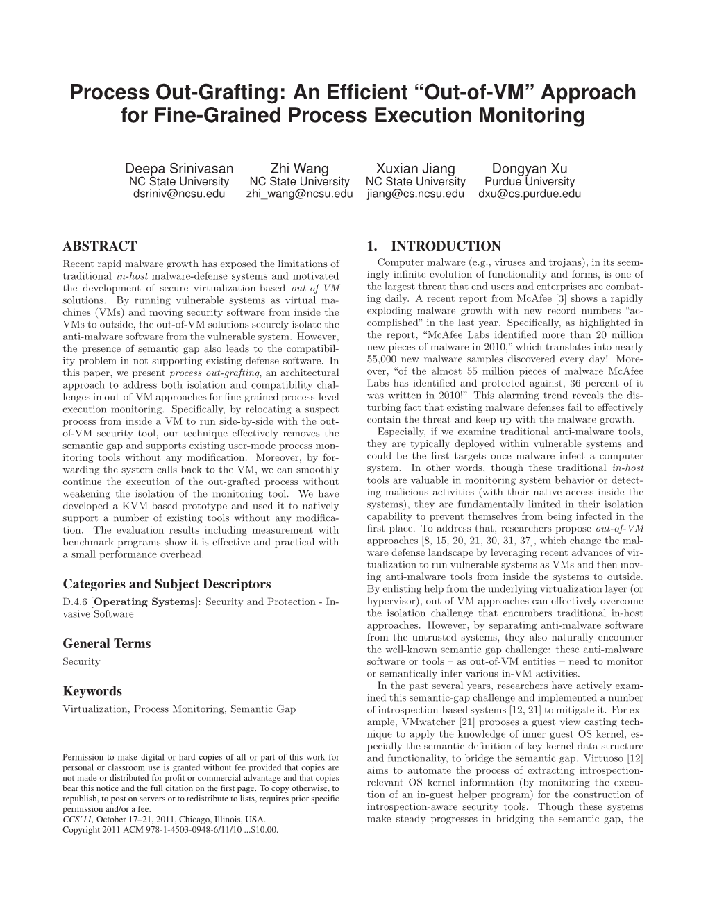 Process Out-Grafting: an Efficient “Out-Of-VM” Approach for Fine