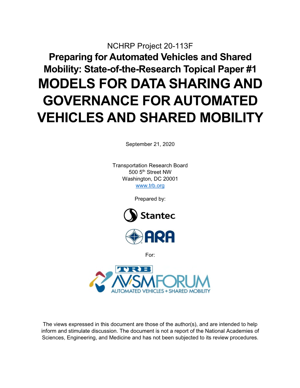 Models for Data Sharing and Governance for Automated Vehicles and Shared Mobility