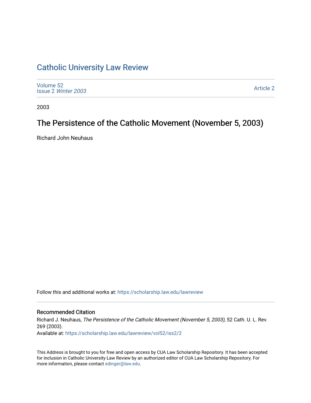 The Persistence of the Catholic Movement (November 5, 2003)