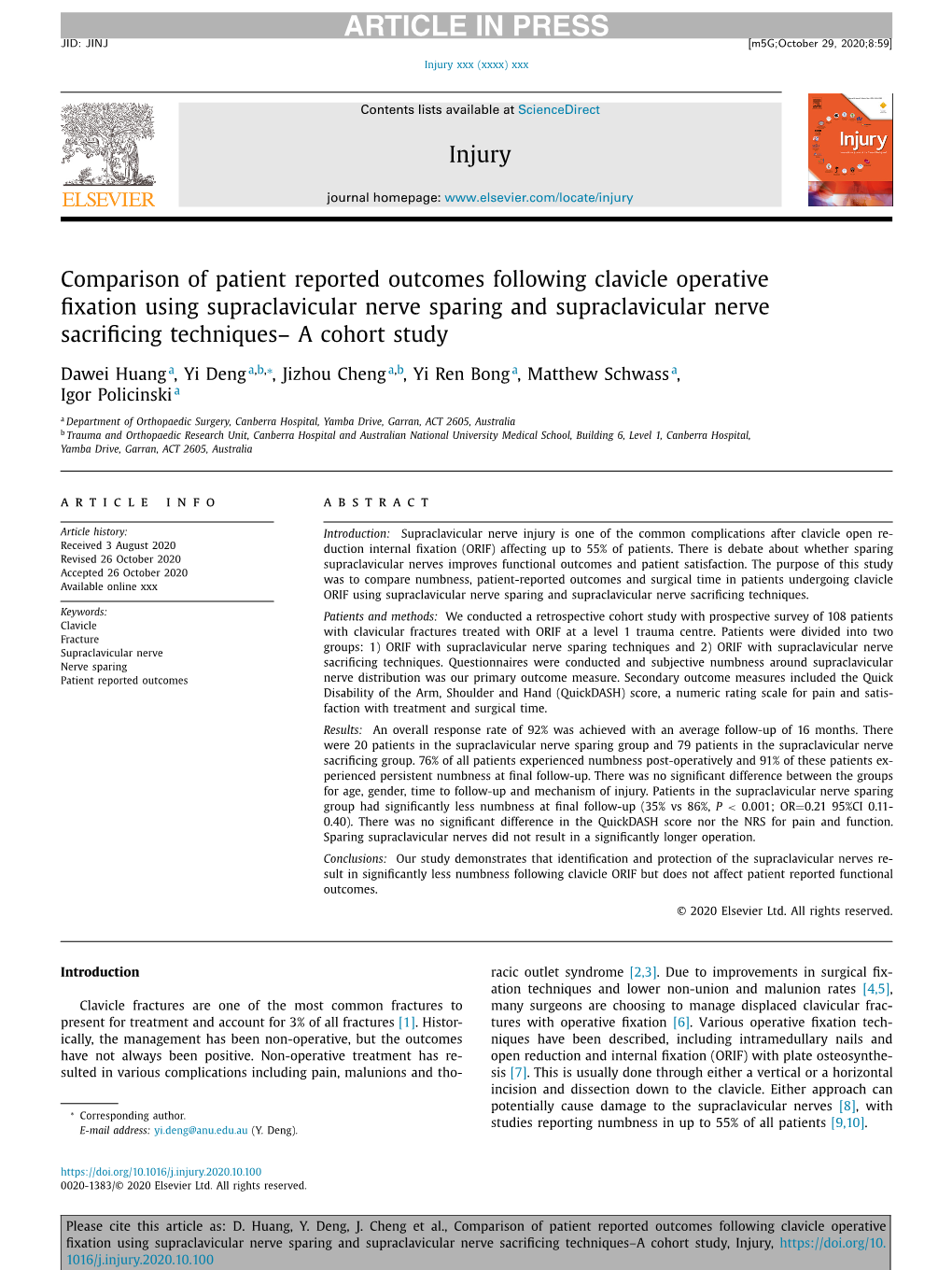 Comparison of Patient Reported Outcomes Following Clavicle Operative Fixation Using Supraclavicular Nerve Sparing and Supraclavi