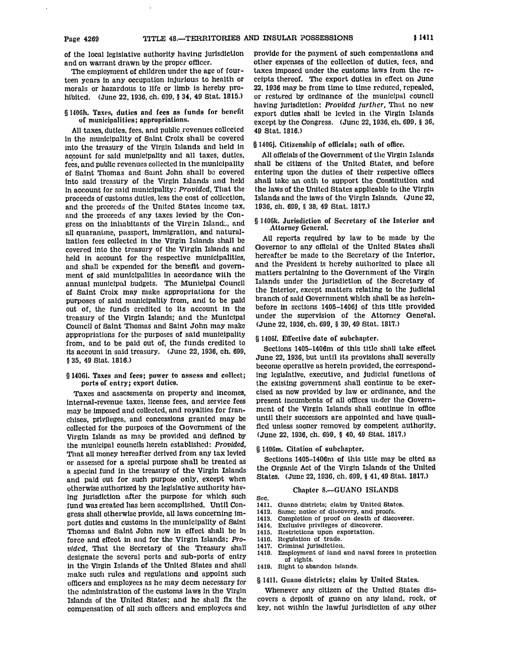 United States Code: Guano Islands, 48 U.S.C. §§ 1411-1419 (1940)