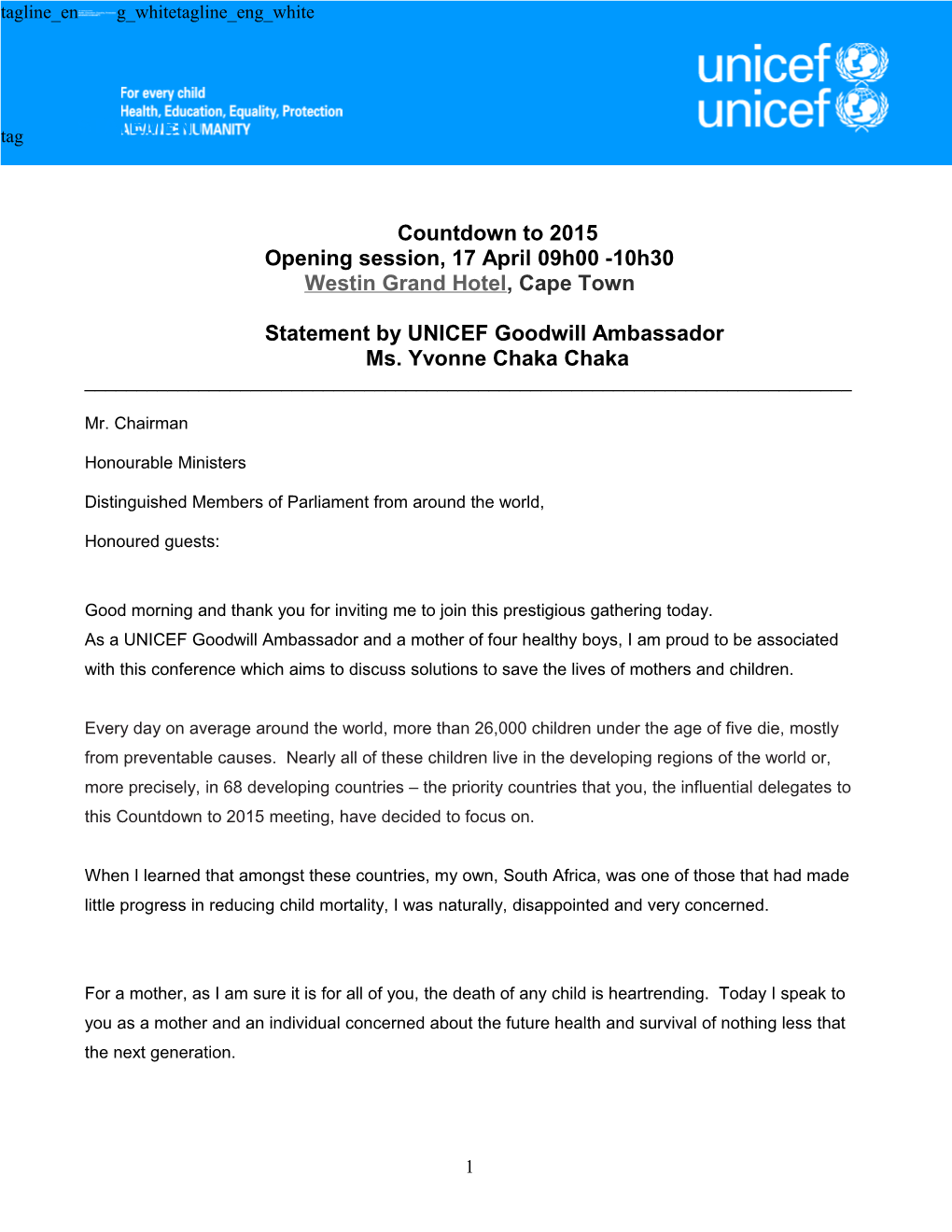 Statement by UNICEF Goodwill Ambassador