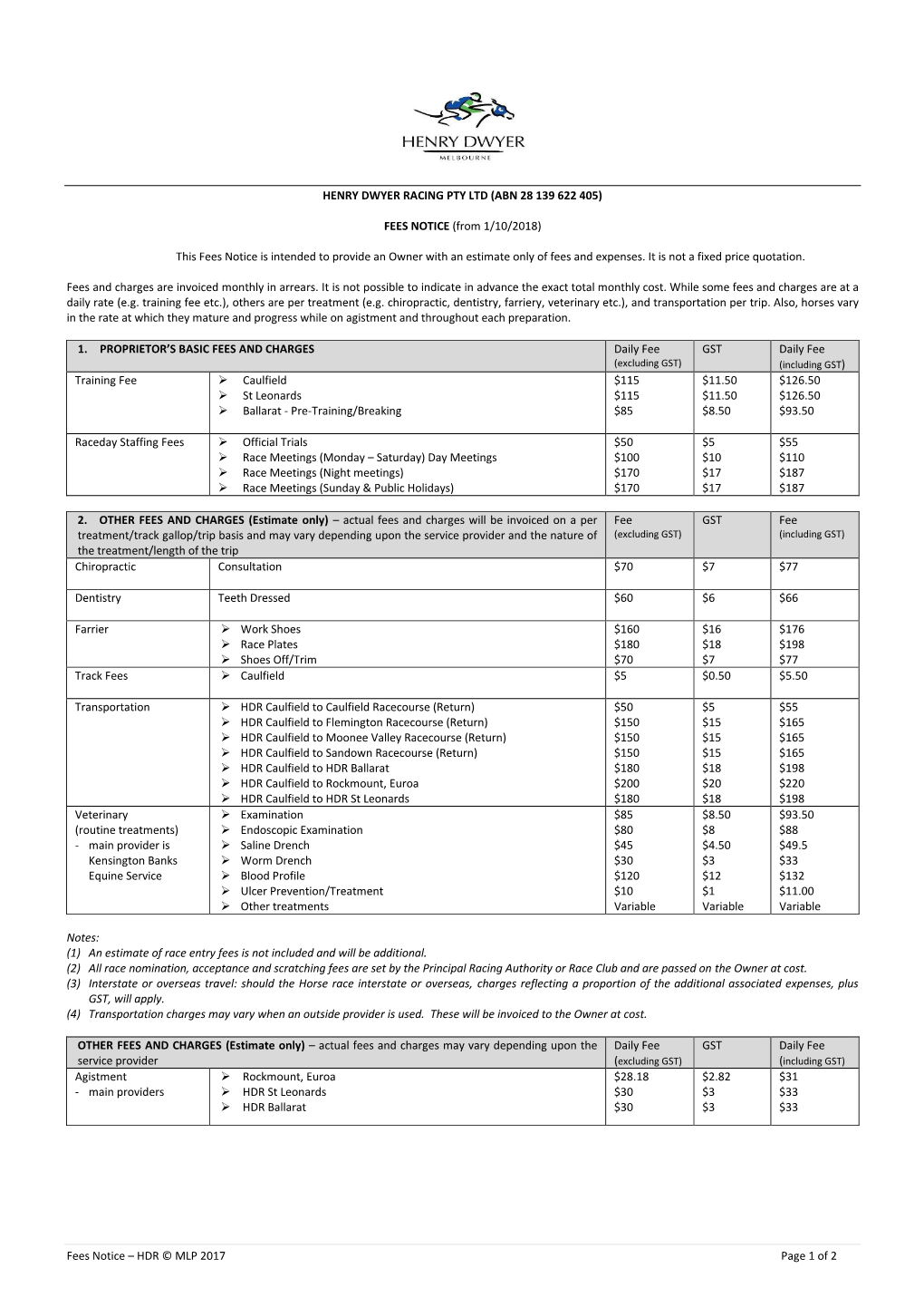 Fees Notice – HDR © MLP 2017 Page 1 of 2 HENRY DWYER RACING