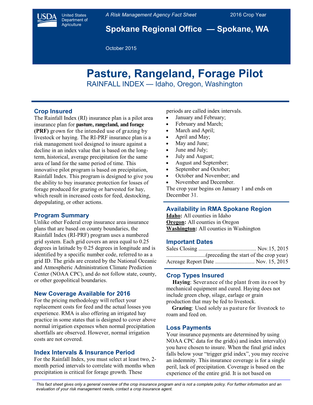 Pasture, Rangeland, Forage Pilot RAINFALL INDEX — Idaho, Oregon, Washington