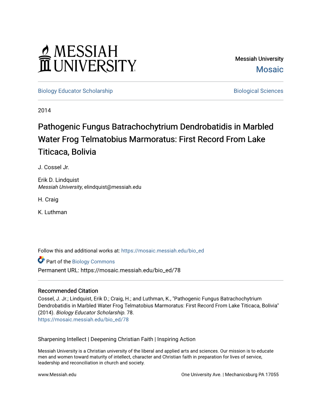 Pathogenic Fungus Batrachochytrium Dendrobatidis in Marbled Water Frog Telmatobius Marmoratus: First Record from Lake Titicaca, Bolivia