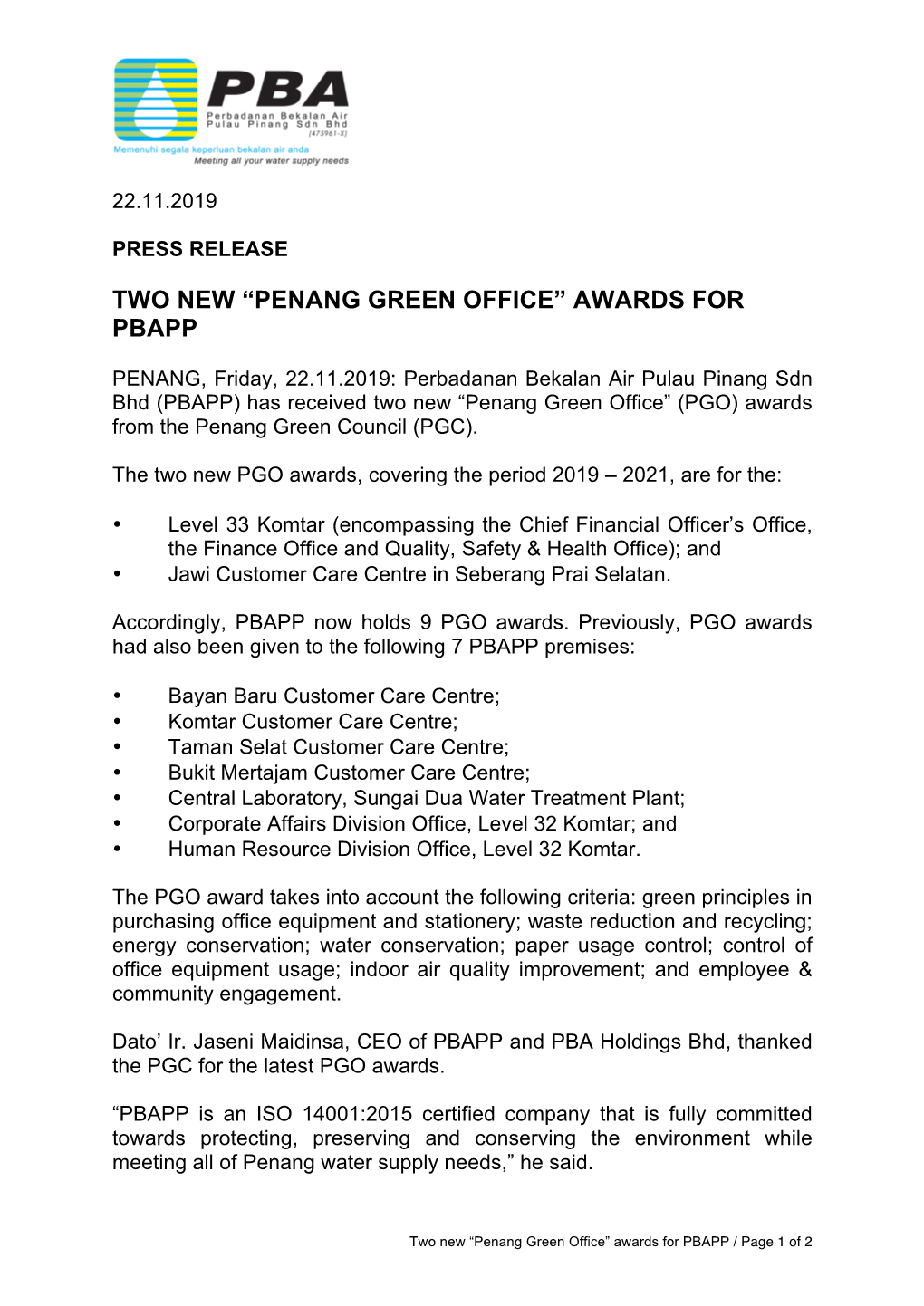 Two New “Penang Green Office” Awards for Pbapp