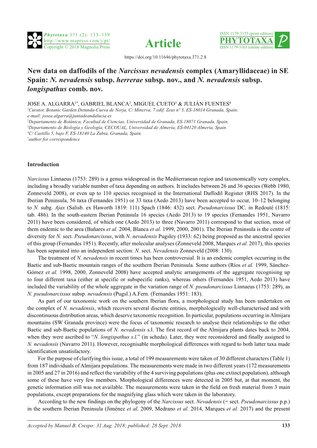 New Data on Daffodils of the Narcissus Nevadensis Complex (Amaryllidaceae) in SE Spain: N