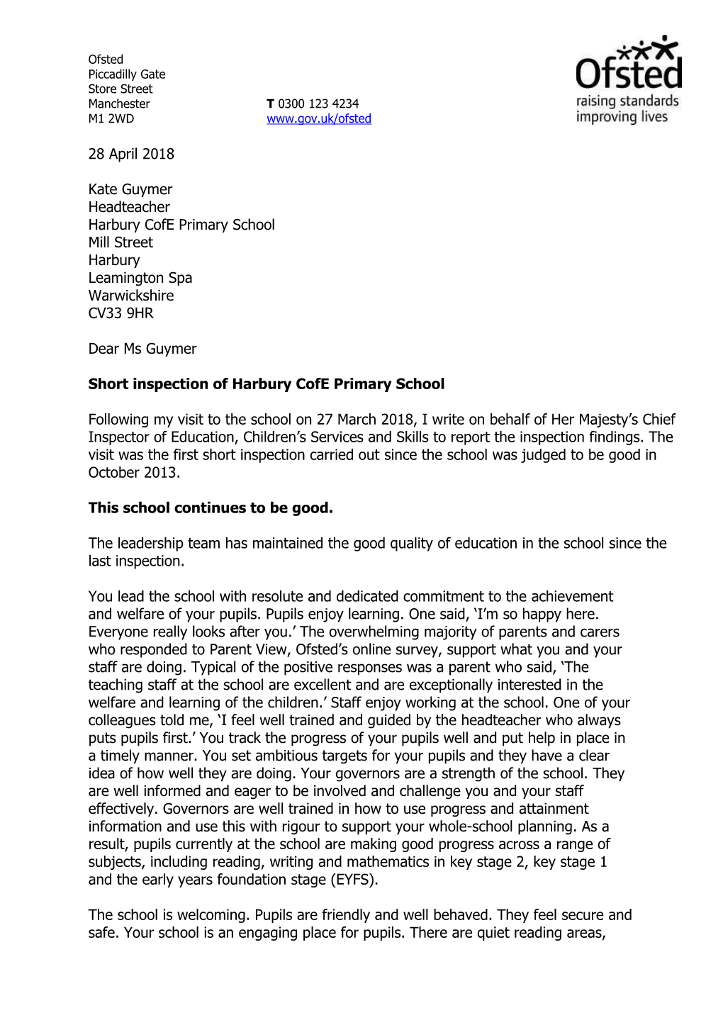 28 April 2018 Kate Guymer Headteacher Harbury Cofe Primary