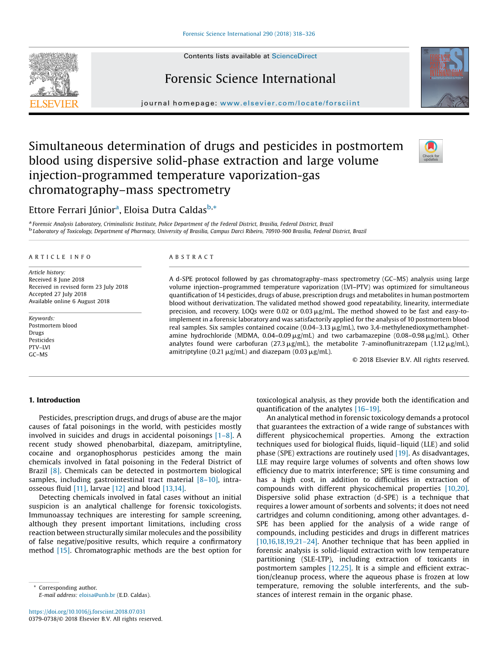 Simultaneous Determination of Drugs and Pesticides in Postmortem Blood Using Dispersive Solid-Phase Extraction and Large Volume