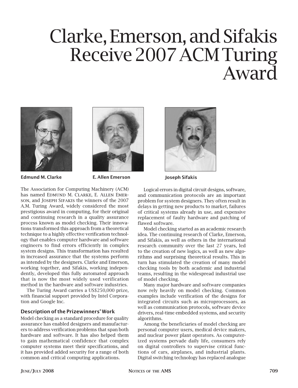 Clarke, Emerson, and Sifakis Receive 2007 ACM Turing Award