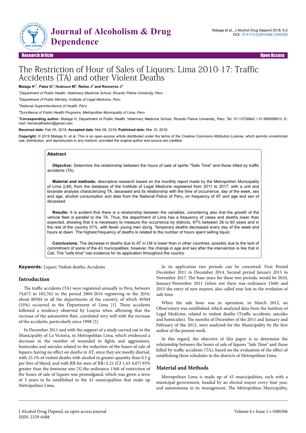 The Restriction of Hour of Sales of Liquors: Lima 2010-17: Traffic