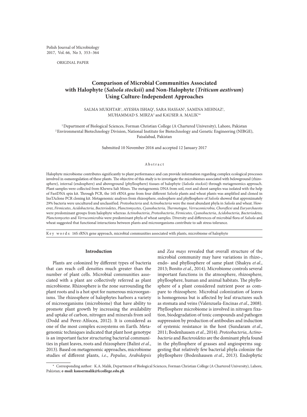 Comparison of Microbial Communities Associated with Halophyte (Salsola Stocksii) and Non-Halophyte (Triticum Aestivum) Using Culture-Independent Approaches