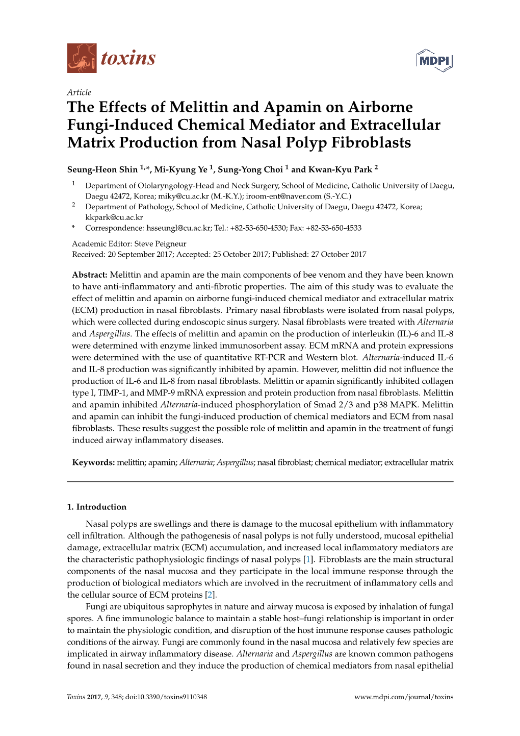 The Effects of Melittin and Apamin on Airborne Fungi-Induced Chemical Mediator and Extracellular Matrix Production from Nasal Polyp Fibroblasts