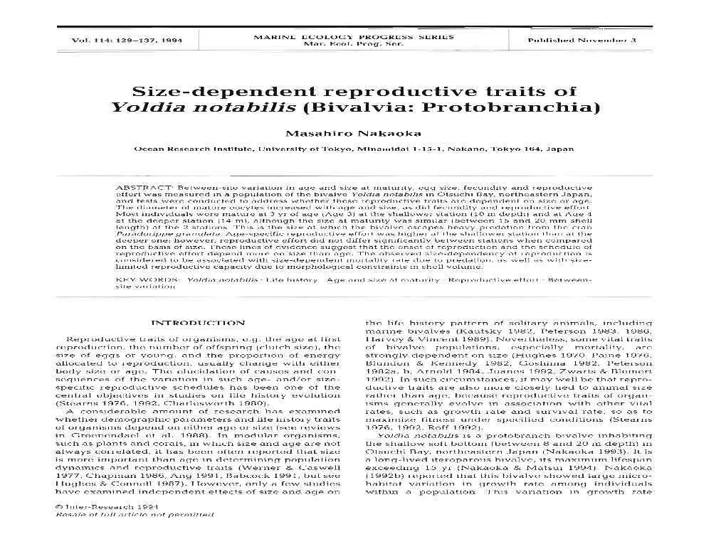 Size-Dependent Reproductive Traits of Yoldia Notabilis (Bivalvia: Protobranchia)