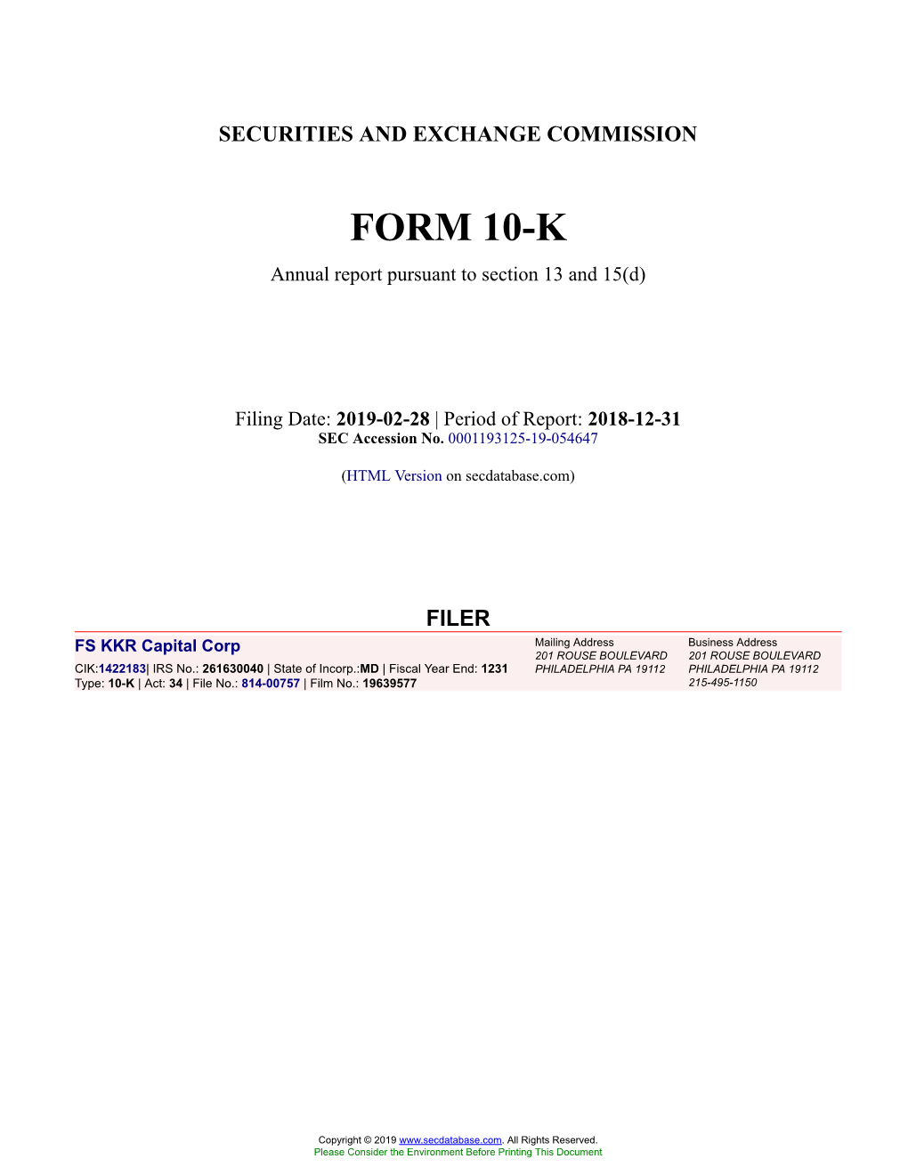 FS KKR Capital Corp Form 10-K Annual Report Filed 2019-02-28