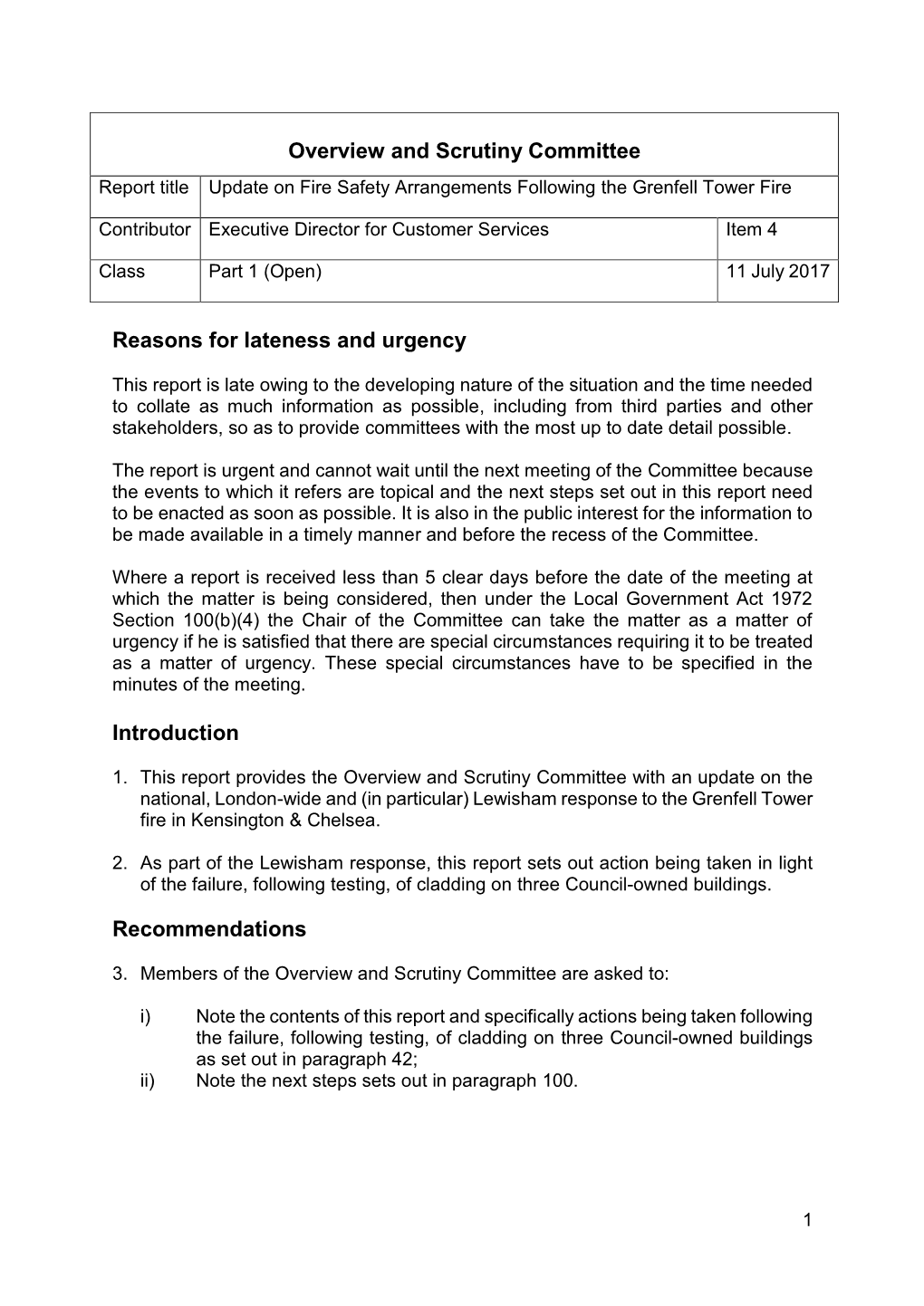 Overview and Scrutiny Committee Reasons for Lateness and Urgency