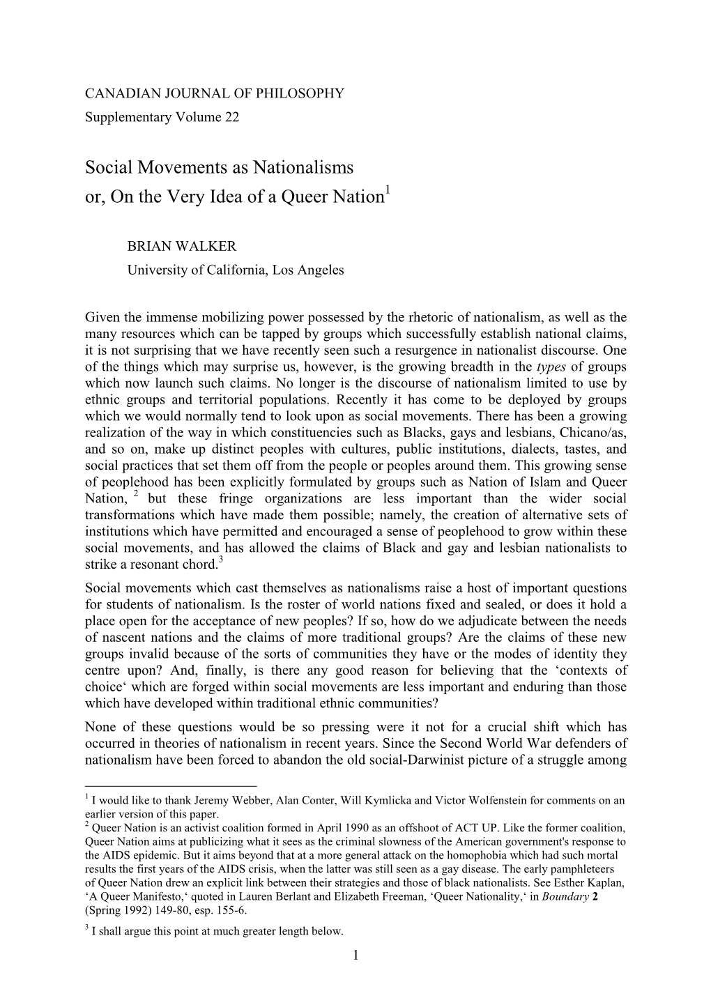 Social Movements As Nationalisms Or, on the Very Idea of a Queer Nation 1