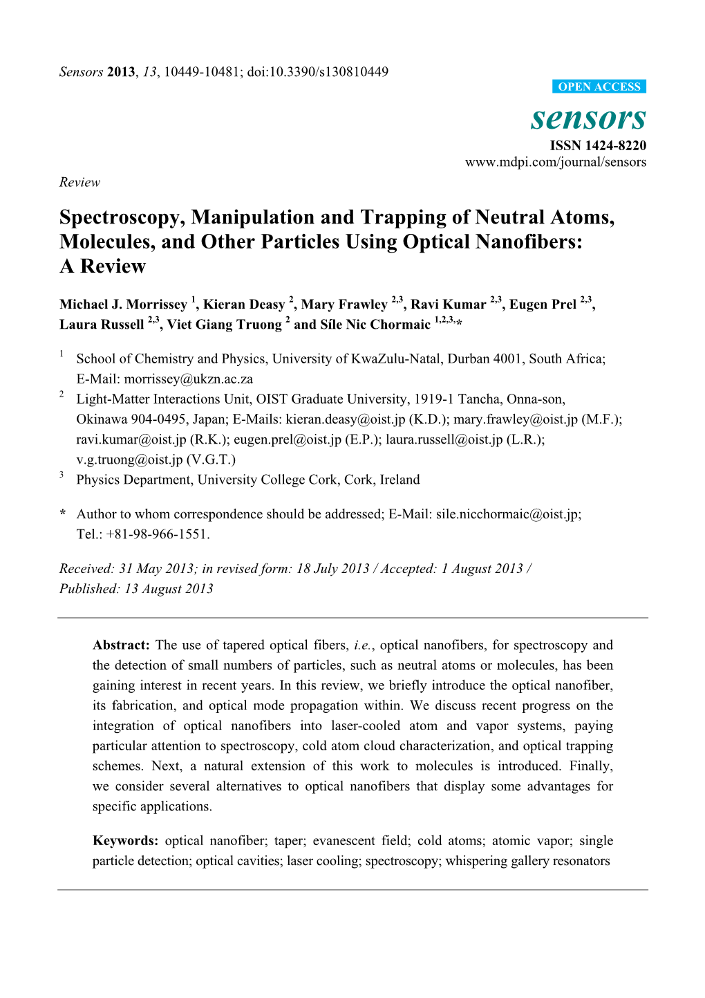 Spectroscopy, Manipulation and Trapping of Neutral Atoms, Molecules, and Other Particles Using Optical Nanofibers: a Review