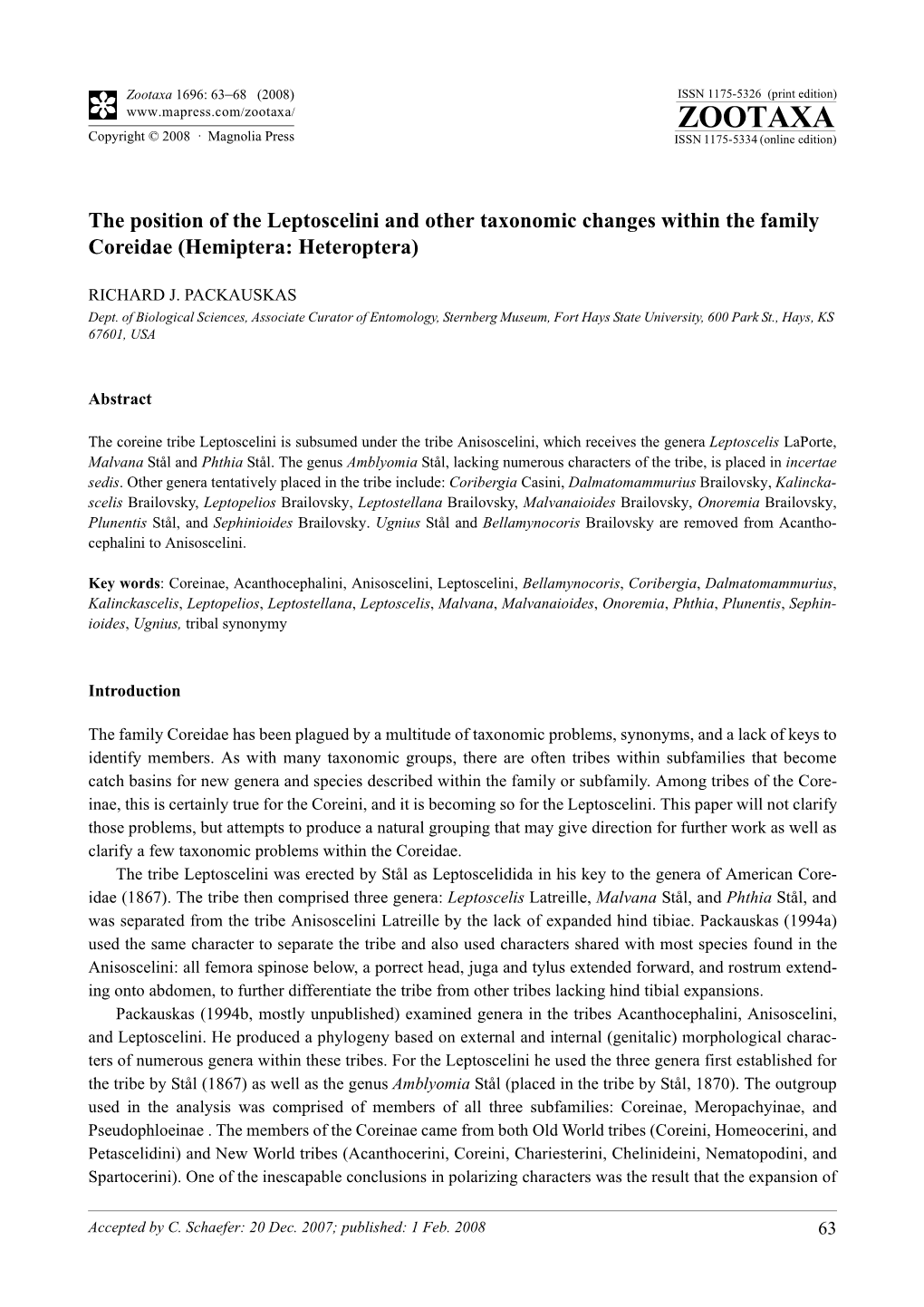 Zootaxa, the Position of the Leptoscelini And