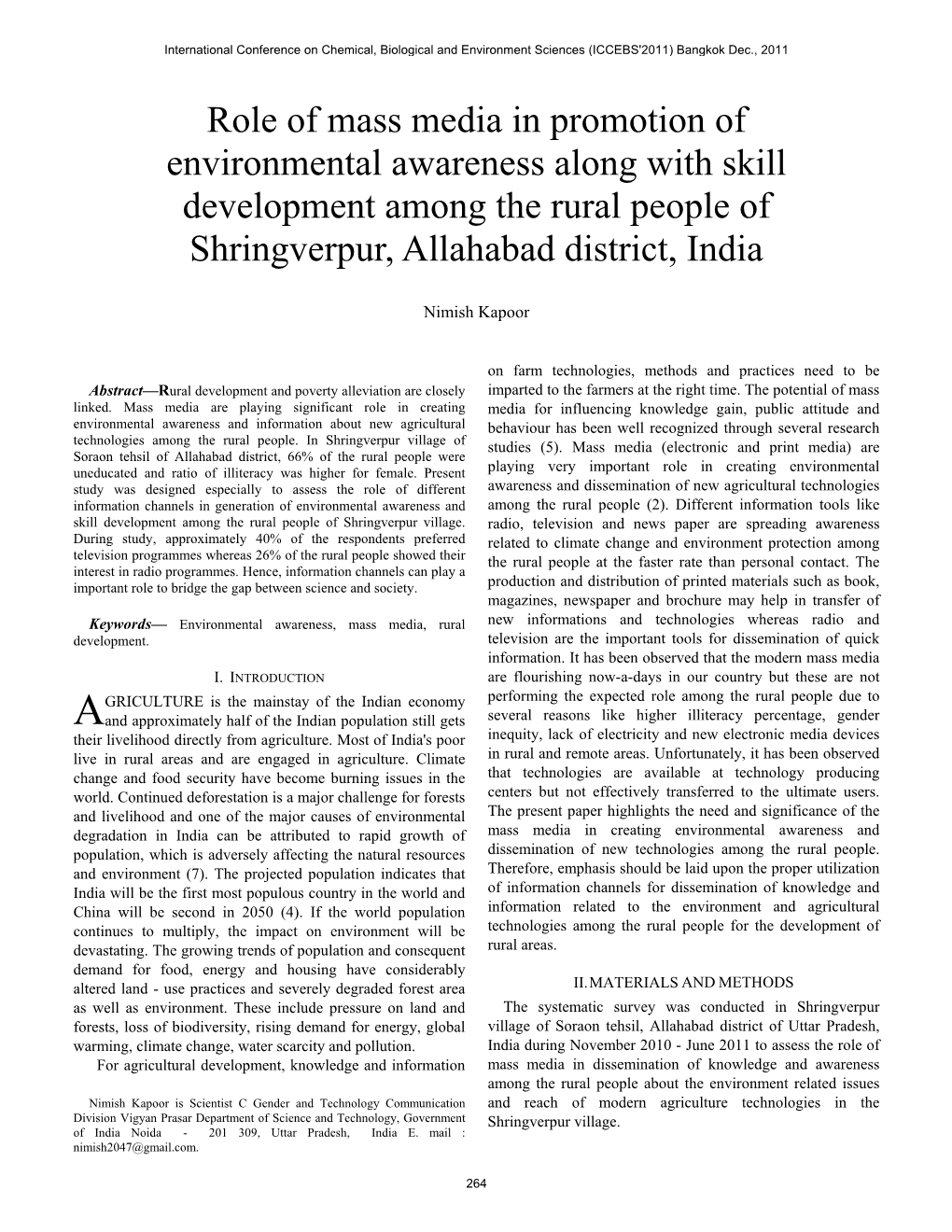 Role of Mass Media in Promotion of Environmental Awareness Along with Skill Development Among the Rural People of Shringverpur, Allahabad District, India