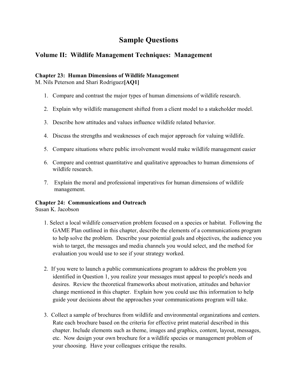 Volume II: Wildlife Management Techniques: Management