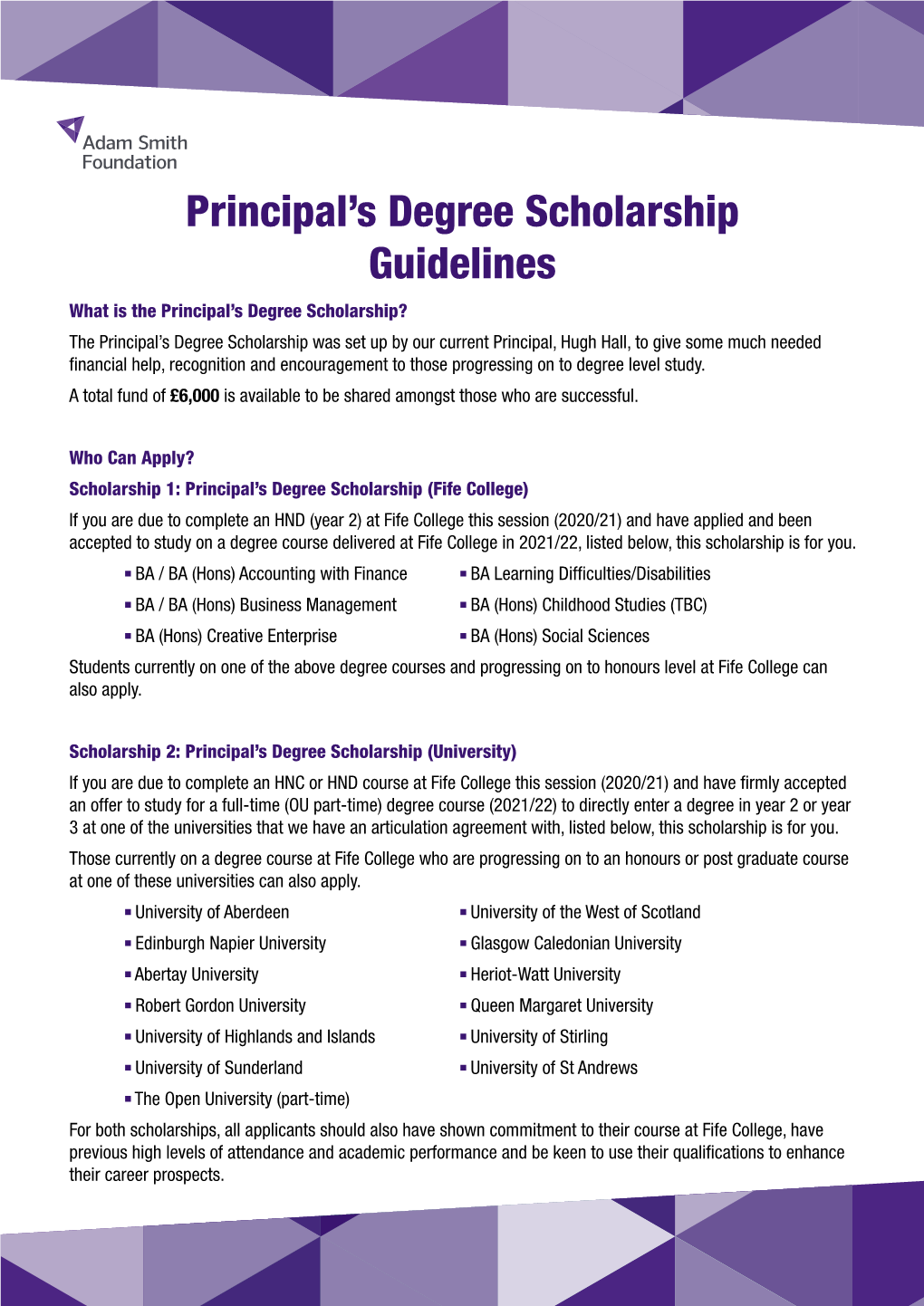 Principal's Degree Scholarship Guidelines
