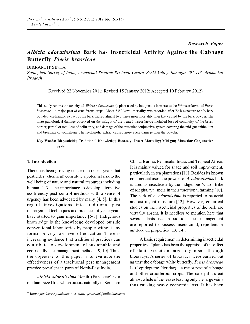 Albizia Odoratissima Bark Has Insecticidal Activity Against The