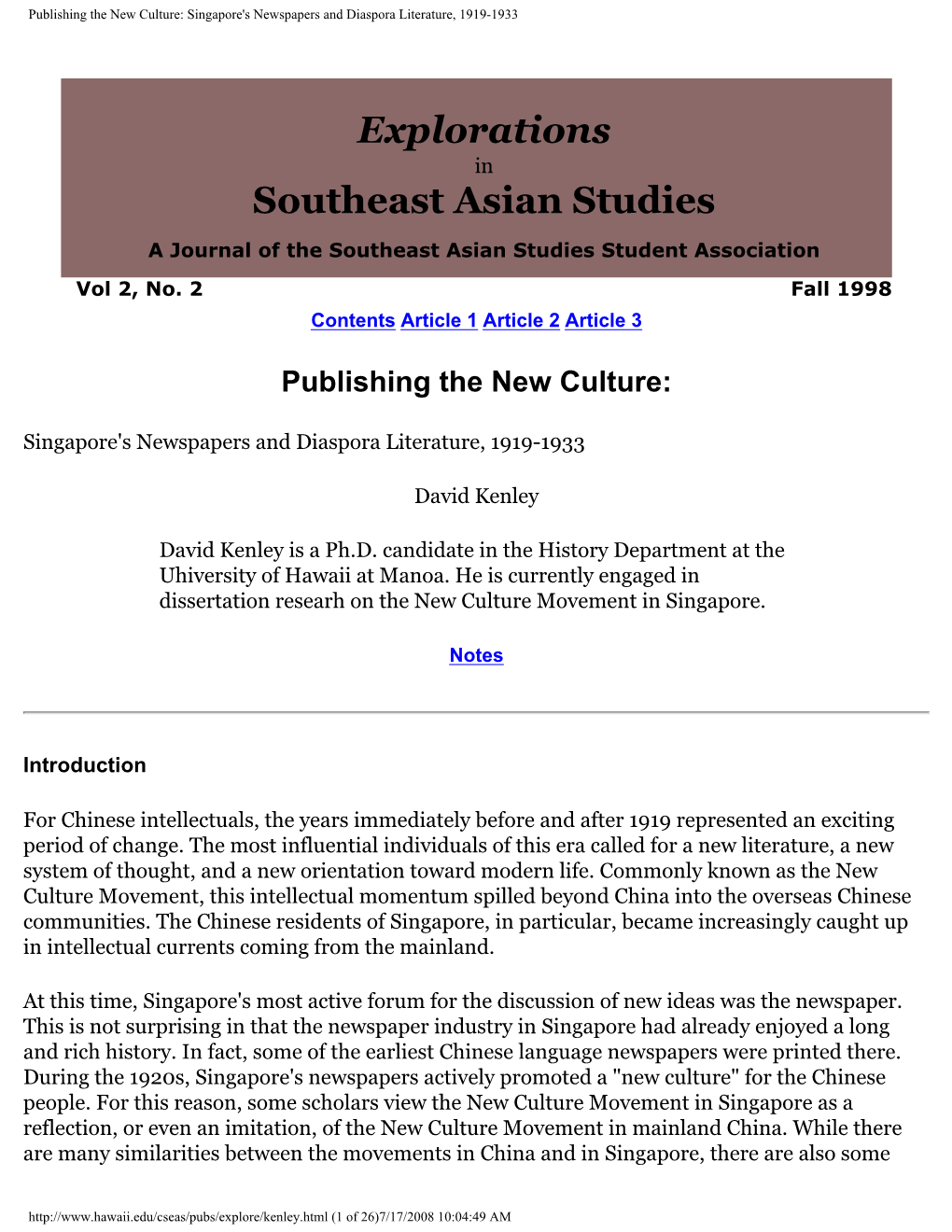 Publishing the New Culture: Singapore's Newspapers and Diaspora Literature, 1919-1933