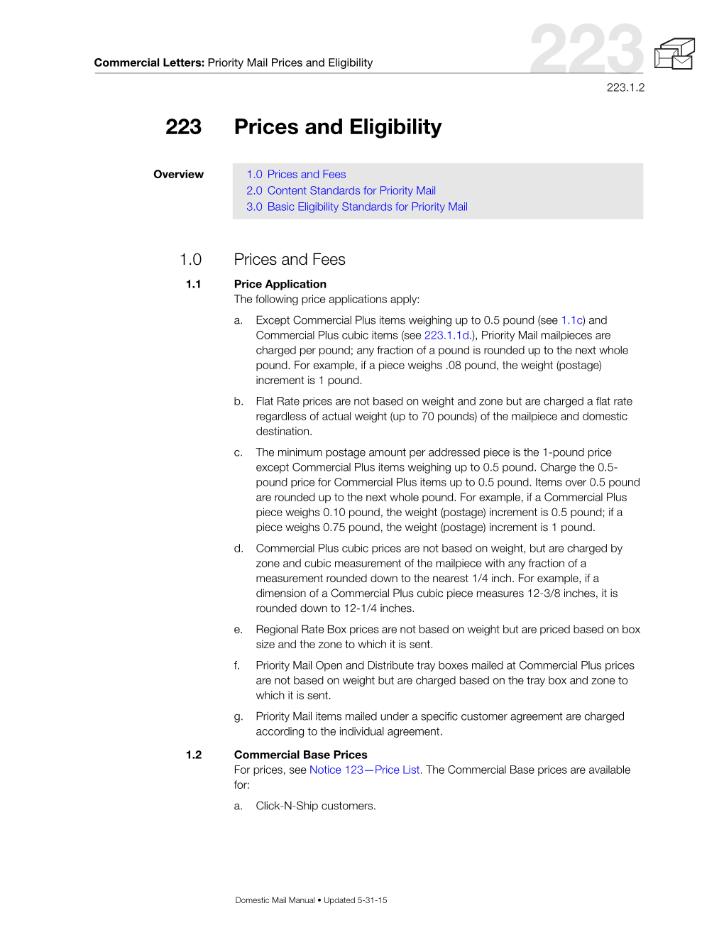 DMM 223 Priority Mail Prices and Eligibility for Commercial Letters