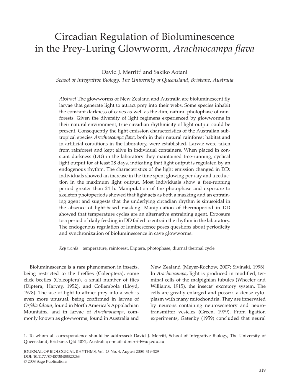 Circadian Regulation of Bioluminescence in the Prey-Luring Glowworm, Arachnocampa Flava