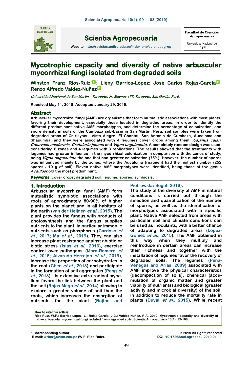 Mycotrophic Capacity and Diversity of Native Arbuscular Mycorrhizal Fungi Isolated from Degraded Soils Scientia Agropecuaria