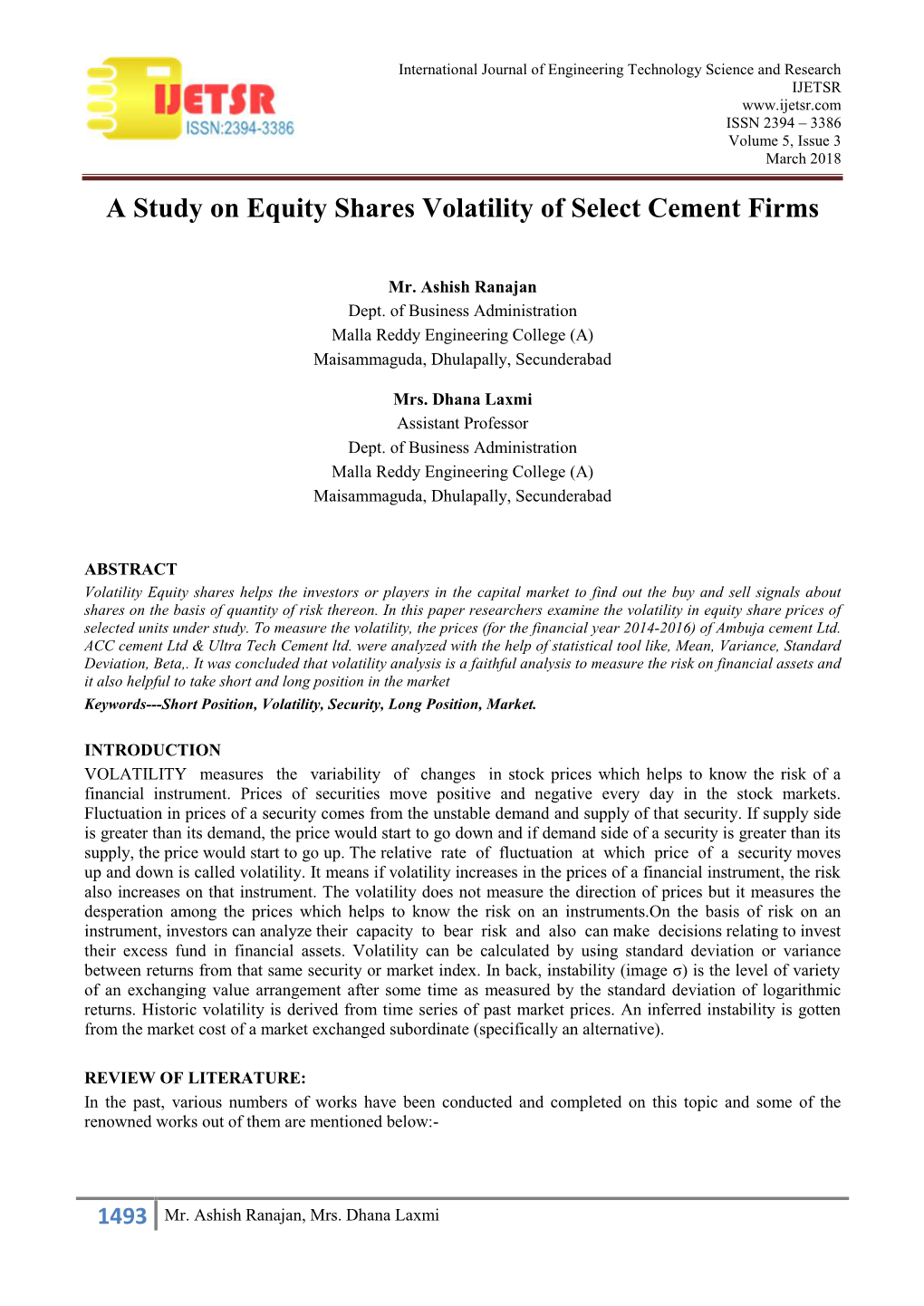 A Study on Equity Shares Volatility of Select Cement Firms