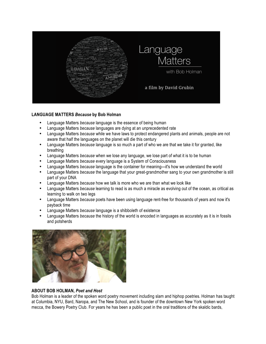 LANGUAGE MATTERS Because by Bob Holman
