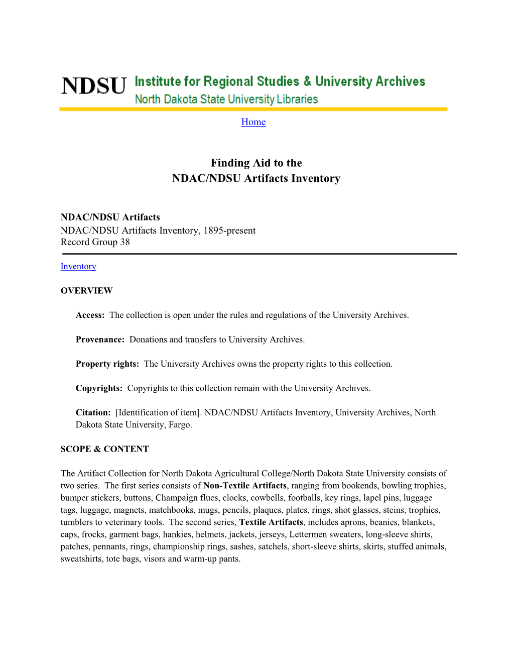 Finding Aid to the NDAC/NDSU Artifacts Inventory