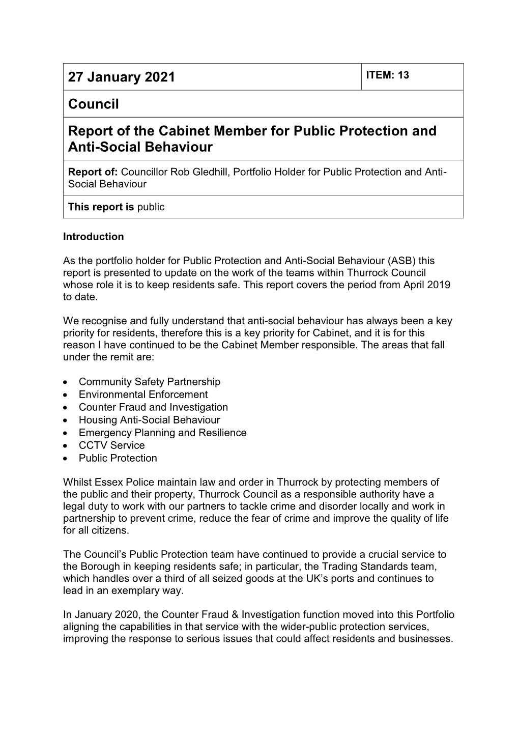 27 January 2021 Council Report of the Cabinet
