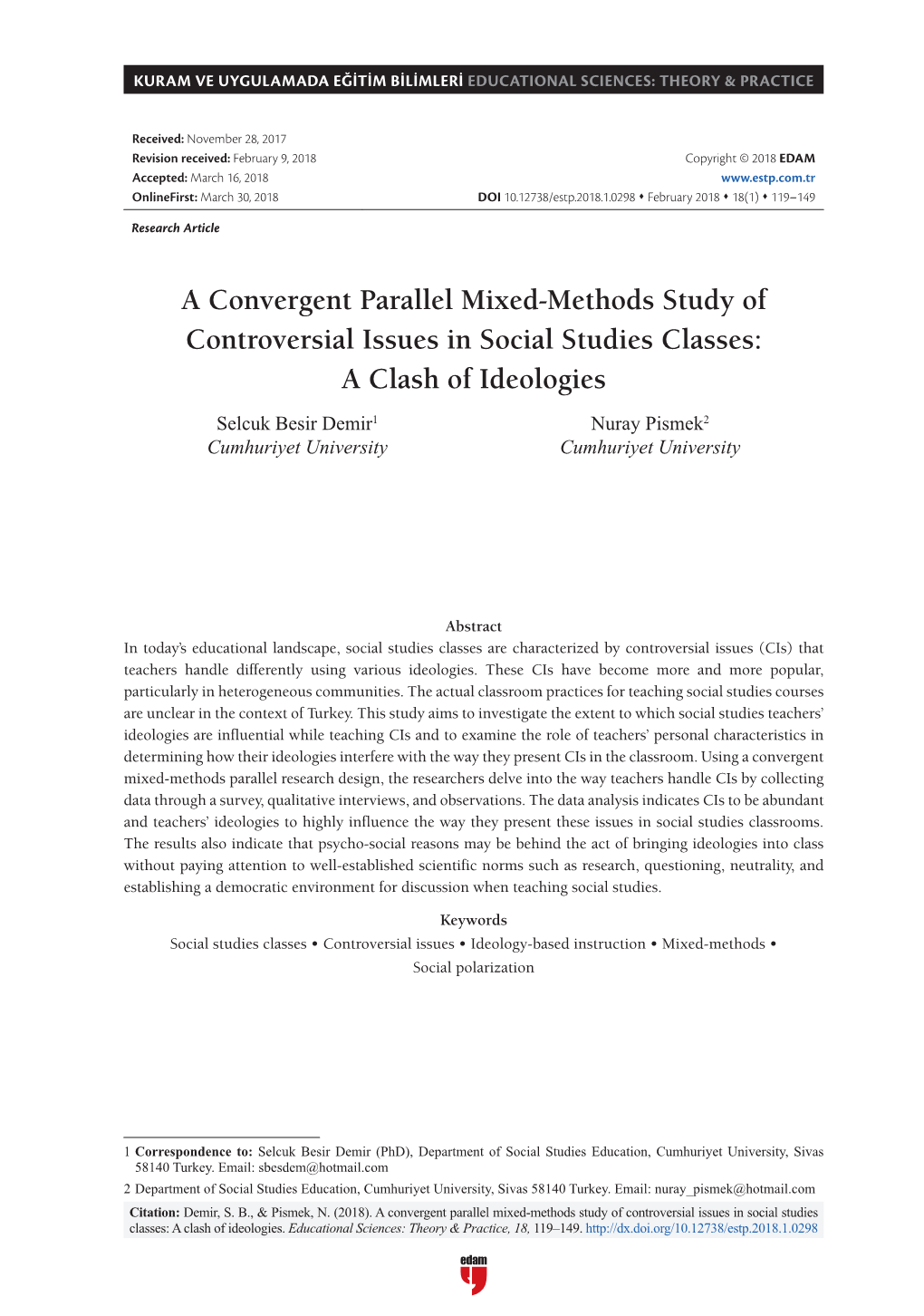 A Convergent Parallel Mixed-Methods Study of Controversial Issues in Social Studies Classes: a Clash of Ideologies