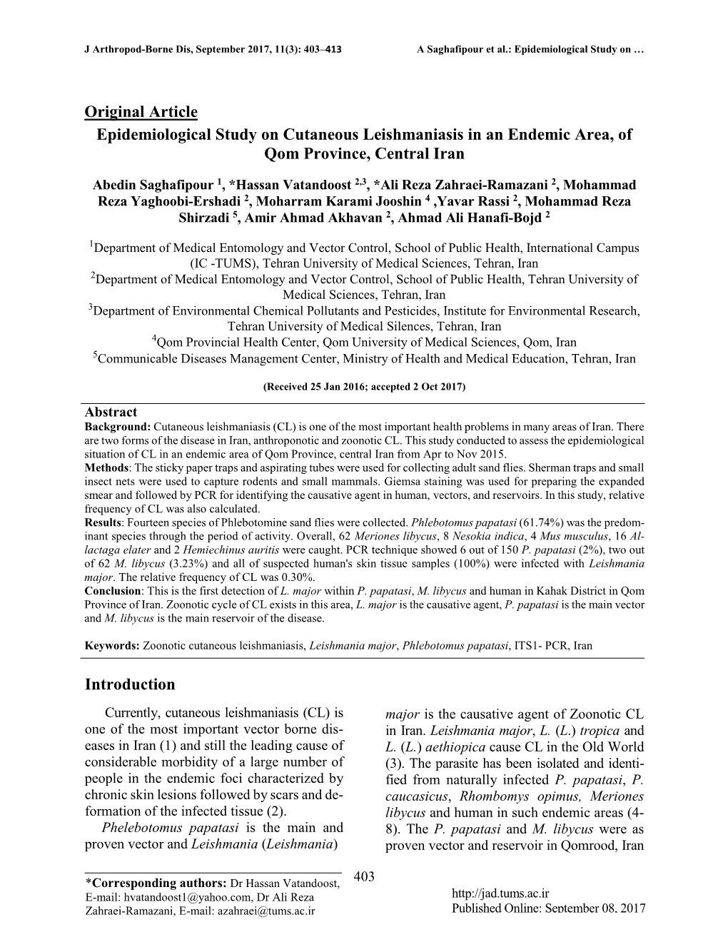 Original Article Epidemiological Study on Cutaneous Leishmaniasis in an Endemic Area, of Qom Province, Central Iran