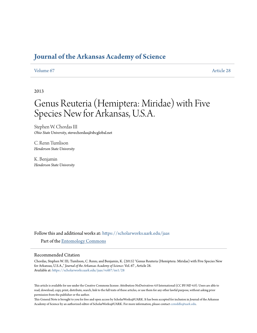 Genus Reuteria (Hemiptera: Miridae) with Five Species New for Arkansas, U.S.A