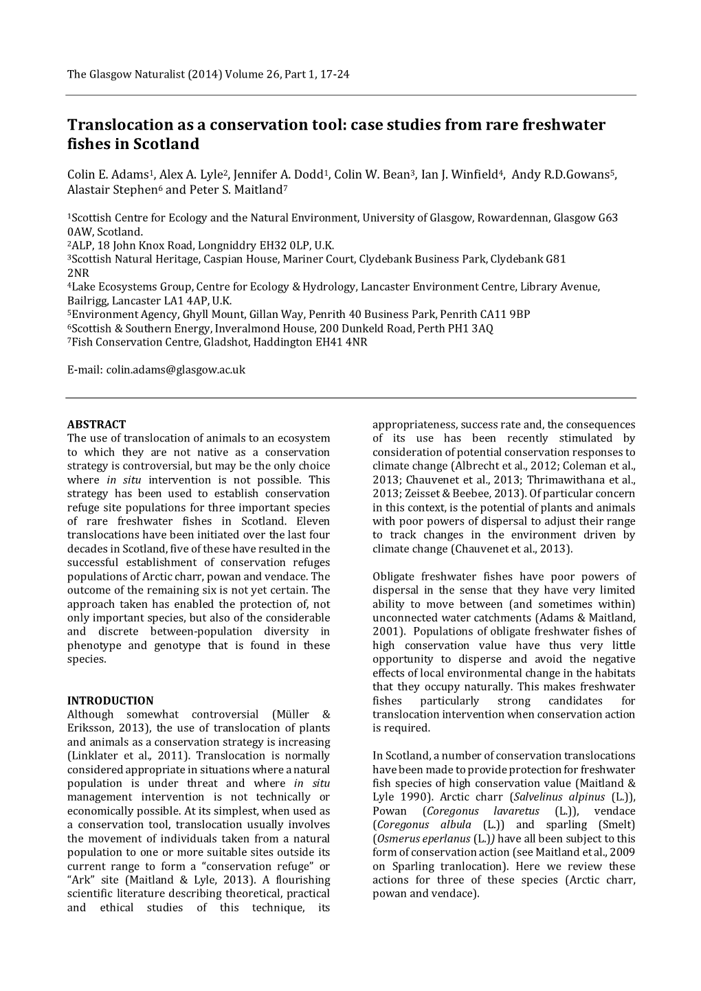 Translocation As a Conservation Tool: Case Studies from Rare Freshwater Fishes in Scotland