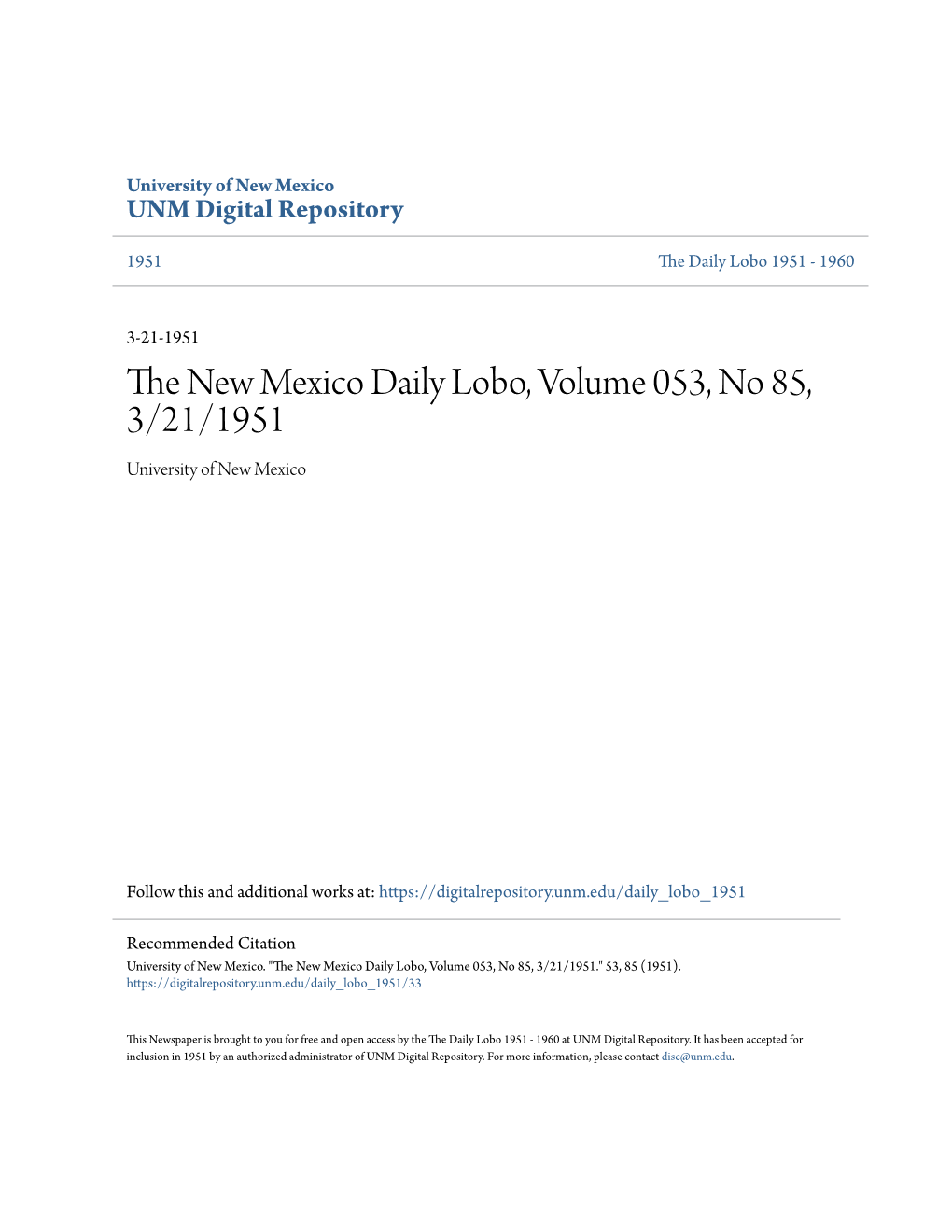 The New Mexico Daily Lobo, Volume 053, No 85, 3/21/1951